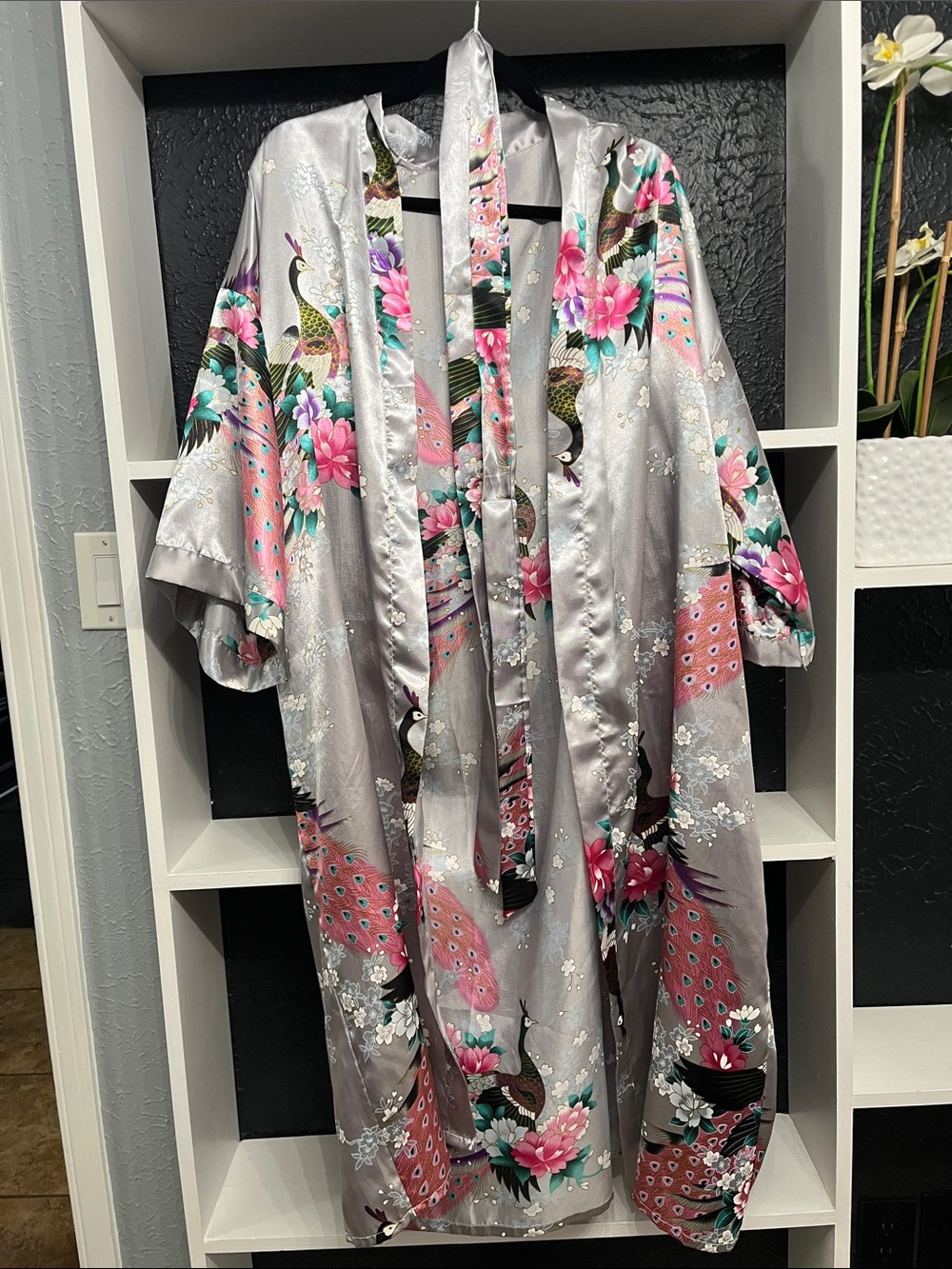 Silver Satin Kimono Robe with Pink & Teal Peacock Floral Print